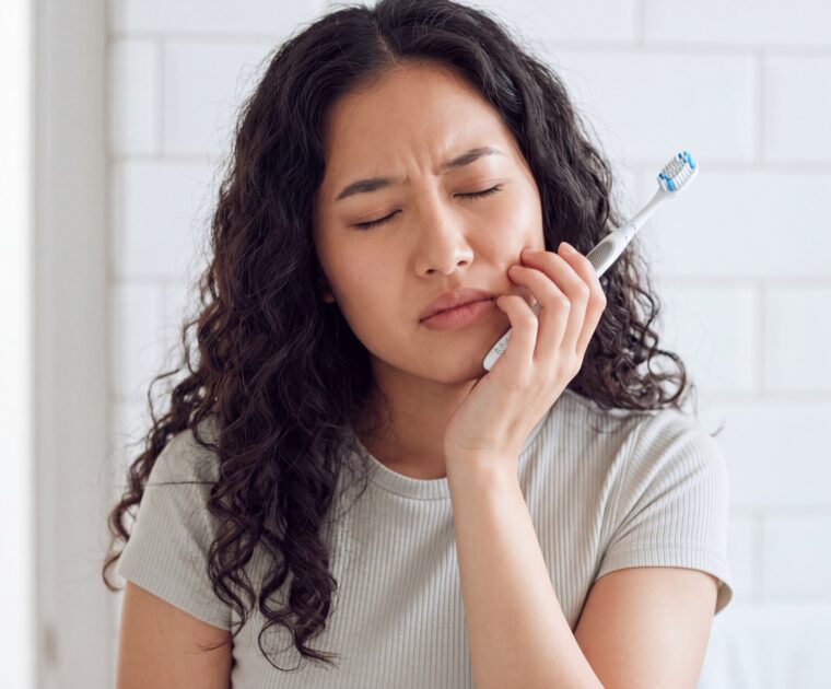 Woman holding her jaw in discomfort while brushing her teeth