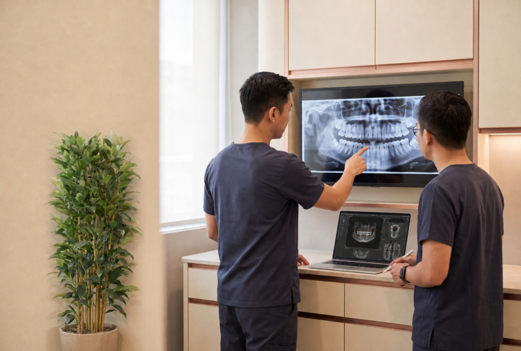Two oral and maxillofacial clinicians reviewing panoramic and three-dimensional dental imaging for wisdom tooth surgery planning in Singapore