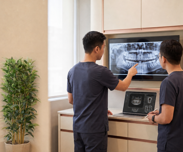 Two oral and maxillofacial clinicians reviewing panoramic and three-dimensional dental imaging for wisdom tooth surgery planning in Singapore
