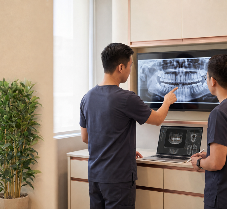 Two oral and maxillofacial clinicians reviewing panoramic and three-dimensional dental imaging for wisdom tooth surgery planning in Singapore